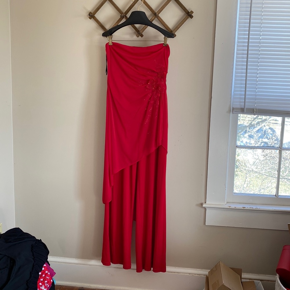 Beautiful formal red strapless pantsuit